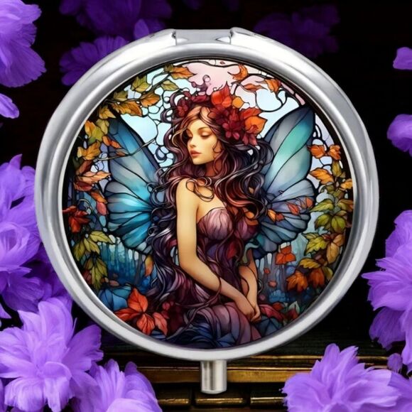 Fairy Elf Pixie Angel Pill Box Medicine Mini Tin Case Mirrored Travel Purse Size - Picture 8 of 8